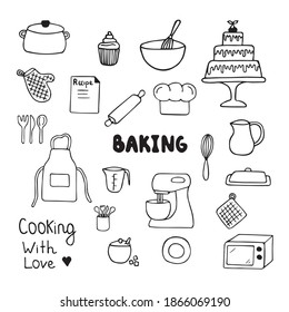 Baking doodles set. Hand drawn kitchen equipments. Vector illustration on white background.