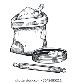 Cozimento, processo de fabricação de massa, saco de farinha, peneira de peneiração de farinha, rolo de pino. Todos os objetos são desenhados à mão com tinta. A ilustração é adequada para impressão em embalagens de alimentos, padaria, design de pastelaria.