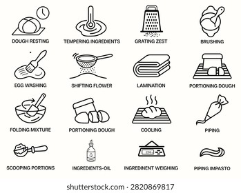 Baking dough and pastry preparation line icon set with cooking process symbols on white