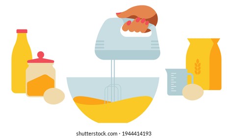 Baking dough preparation - the hand whips the mass with mixer.Kitchenware - cups, bowls, rolling pin, scales, jar, mixer and others. Set of products for baking - flour, milk, eggs, dough.