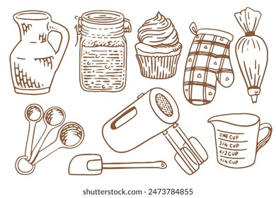 Baking equipment. Сookbook decor. Hand drawn engraving style vector illustration.