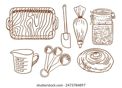 Baking equipment. Сookbook decor. Hand drawn engraving style vector illustration.