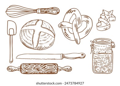 Baking equipment. Сookbook decor. Hand drawn engraving style vector illustration.