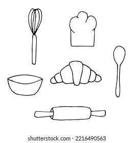 Baking and equipment set vector illustration, hand drawing doodles
