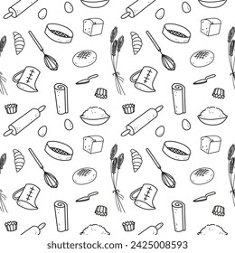 Baking equipments background hand drawn ink sketch seamless pattern vector illustration with dough, eggs, rolling pin, flour, wheat, ingredients tools cooking baked goods. Design for bakery, menu cafe