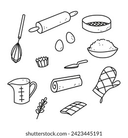 Equipamientos de hormigón dibujados a mano en forma de boceto de tinta ilustración vectorial. Fondo de garabato con masa, huevos, alfiler, harina, ingredientes herramientas de cocina de productos horneados. Concepto de diseño para panadería, chef, menú, café
