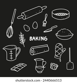 Baking equipments hand drawn ink sketch vector illustration. Doodle background with dough, eggs, rolling pin, flour, ingredients tools cooking baked goods. Design concept for bakery, chef, menu,cafe