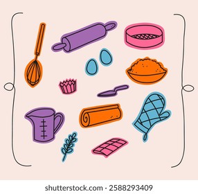 Baking equipments, hand drawn vector stickers. Doodle illustration with dough, eggs, rolling pin, flour, ingredients tools cooking baked goods. Design concept for bakery, chef, menu, cafe, sign