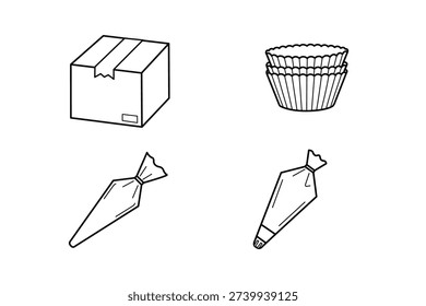 Baking Essentials Icon Set Featuring Pastry Bags Cupcake Liners and Packaging Box Line Art