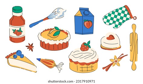 Baking essentials set. Baking, desserts, juice, preserves. Set of summer elements and baking. Doodle. Linear elements