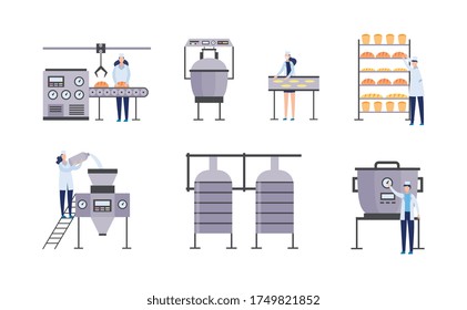 Fabricación de hormigón o panadería, línea de maquinaria de maquinaria industrial con personas que trabajan en la producción de pan, ilustración plana vectorial aislada en fondo blanco.