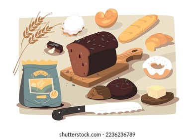 Baking and flour products set of objects vector illustration. Bread, rolls and ingredients lying on the table.