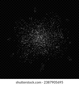 Baking flour top view. Abstract explosion of detailed particles. Flying salt crystals isolated on black background. Falling white dust.
