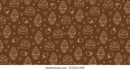 Backen, Essen, Dessertmuster. Cupcake, Beeren, Erdbeeren. Nahtloser Hintergrund. Valentinstag. Set handgezeichneter Kuchen-Symbole. Herzform.