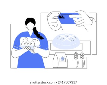 Baking fresh bread isolated cartoon vector illustrations. Girl takes photo of homemade fresh bread, culinary blog, online baking at home, kitchen appliances, cooking process vector cartoon.