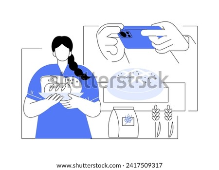 Baking fresh bread isolated cartoon vector illustrations. Girl takes photo of homemade fresh bread, culinary blog, online baking at home, kitchen appliances, cooking process vector cartoon.