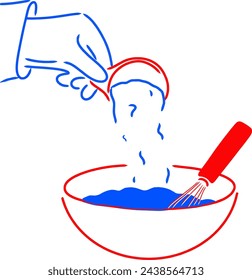 Backspaß: Hand Gießen Mehl und Schneebesen in Schüssel (Rot Blau) Vektor