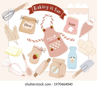 Baking is fun vector cooking illustration dessert cake eggs knife strawberry Spatula Milk Kitchen Utensils 