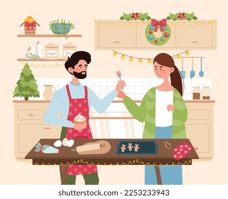 Baking ginger cookies. Man and woman in kitchen with kitchen appliances and baking dishes. Sweetness, dessert and delicacy, symbol of New Year and Christmas. Cartoon flat vector illustration