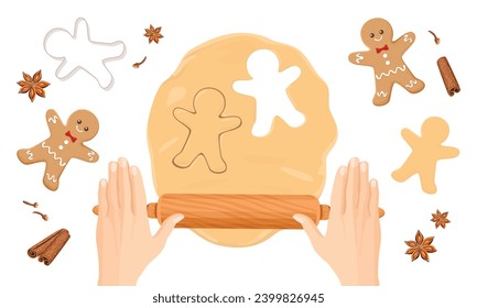 Baking gingerbread man. Hands making dough for christmas cookies. Form for cutting gingerbread, rolling pin and spices isolated on white background. Vector cartoon illustration.