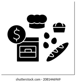 Baking glyph icon. Private bakery. Confectioners bake bread, cakes, buns. Oven and chief cup. Small business owner concept.Filled flat sign. Isolated silhouette vector illustration