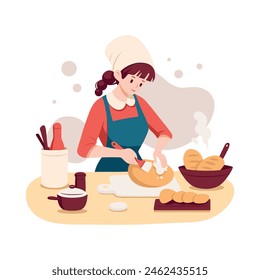 Hobby de hornear, mujer cocinando pan casero. Baker trabaja con la masa en la cocina. Ilustración plana de Vector aislada en blanco.