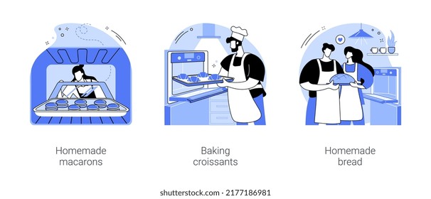 Baking at home isolated cartoon vector illustrations set. Homemade macarons, put pastry in oven, baking croissants, tasty dessert, preparing aromatic bread together, cooking hobby vector cartoon.