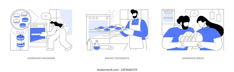 Baking at home isolated cartoon vector illustrations set. Homemade macarons, put pastry in oven, baking croissants, tasty dessert, preparing aromatic bread together, cooking hobby vector cartoon.