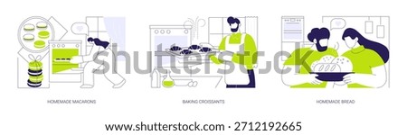 Baking at home isolated cartoon vector illustrations set. Homemade macarons, put pastry in oven, baking croissants, tasty dessert, preparing aromatic bread together, cooking hobby vector cartoon.