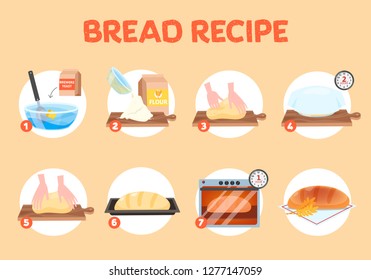 Baking Homemade Bread Recipe. Flour And Yeast, Salt And Oil Ingredients. Preparation Of Dough Step-by-step. Flat Vector Illustration