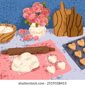 Hornear galletas caseras en la cocina. Preparar galletas en forma de corazón con masa y rodillo. Dulces golosinas caseras para el día de San Valentín. Acogedor proceso de cocción. Ilustración vectorial plana