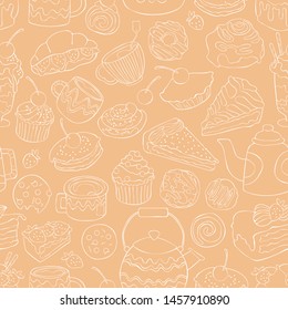 Baking and hot drinks. Coffee and tea. Sweets and desserts. Seamless vector background (pattern, print).