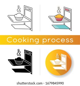 Baking icon. Linear black and RGB color styles. Delicious pastry cooking, tasty dough products preparation. Homemade bread in oven. Fresh baked pie, muffin cake isolated vector illustrations