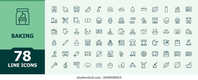 Baking icon set. It contains symbols to cook, utensil, bake, heat, kitchen, boil, restaurant and more. Minimalist editable vector stroke. Kitchen linear icon set.