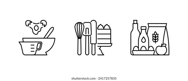 Baking icon set. Mixing bowl, measuring cup, dough, cookies, supplies, whisk, spatula, cake, stand, milk, oil, egg, flour. Homemade pastry concept. Linear illustration, editable stroke.