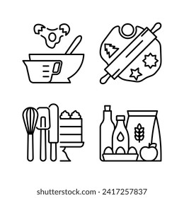 Baking icon set. Mixing bowl, measuring cup, rolling pin, dough, cookies, supplies, whisk, spatula, cake, stand, milk, oil, egg, flour. Linear illustration, editable stroke. Homemade pastry concept