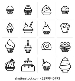 Baking icons, cupcakes, cake, rolls, tarts