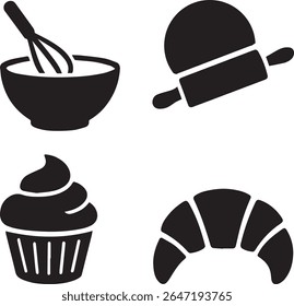 Baking Icons with Whisk, Rolling Pin, Cupcake, and Croissant