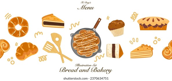 Baking illustration set. Baking, bakery, cooking, sweet products, dessert, pastries concept. Vector illustrations isolated on white background for posters, banners, cards, and advertisements.