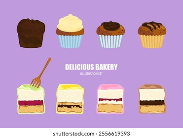 Baking illustration set. Baking, bakery, cooking, sweet products, dessert, pastries concept. Vector illustrations are isolated on a white background for posters, banners, cards, and advertisements.