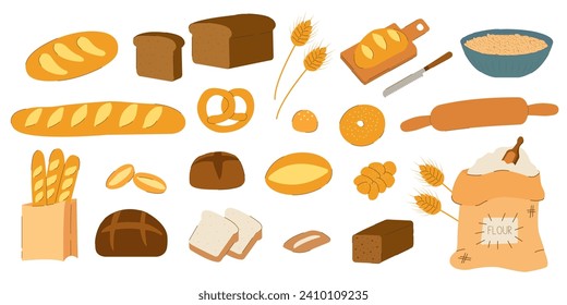 Baking illustration set. Buns, baguettes, bread, pastries, and other baked goods. Concept for a bakery. Vector illustrations isolated on white background.