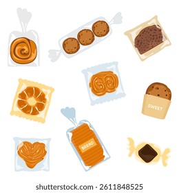 Baking Illustration Set. Baking Concept, Bakery, Bread, Cookies, Cooking, Sweet Products, Desserts, Pastries in Plastic Wrap. Isolated Vector Illustration on White Background for Poster, Banner, Card.