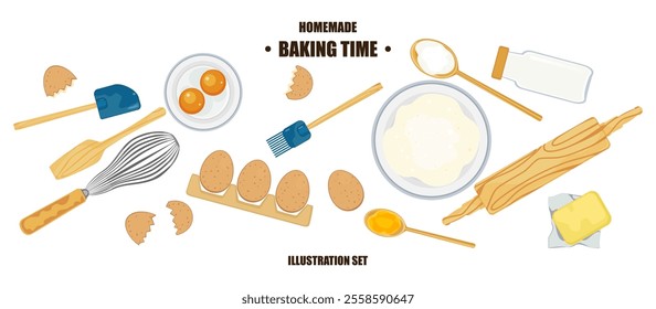 Baking illustration set. Elements. Baking, bakery, cooking, sweet products, dessert, pastries concept. Vector illustrations isolated on white background for posters, banners, cards, and advertisements