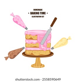 Baking illustration set. Elements. Baking, bakery, cooking, sweet products, dessert, pastries concept. Vector illustrations isolated on white background for posters, banners, cards, and advertisements