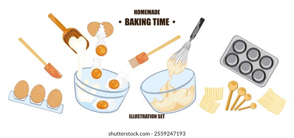 Baking illustration set. Elements. Baking, bakery, cooking, sweet products, dessert, pastries concept. Vector illustrations isolated on white background for posters, banners, cards, and advertisements