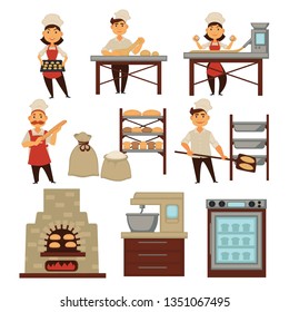 Baking industry bakery bakers and bread vector isolated characters in hat and aprons dough manual and machine production flour sack stove and mixer cooker raw leaves food and cooking craft shop