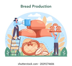 Baking industry concept. Bread production. Pastry baking process and retail. Bakery worker making dough and pastries goods. Isolated vector illustration
