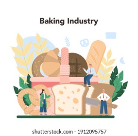 Baking industry concept. Baking pastry process. Bakery worker making dough and pastries goods. Isolated vector illustration