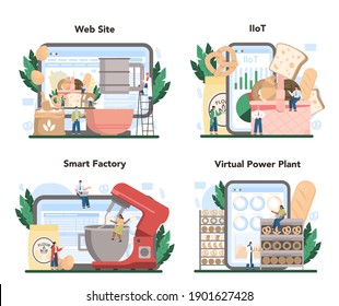 Baking industry online service or platform set. Baking pastry process. Bakery worker making dough and pastries goods. Online IIoT, smart factory, VPP, website. Flat vector illustration
