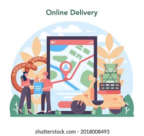 Baking industry online service or platform. Pastry baking process and retail. Baker making dough and pastries goods. Online delivery. Isolated vector illustration